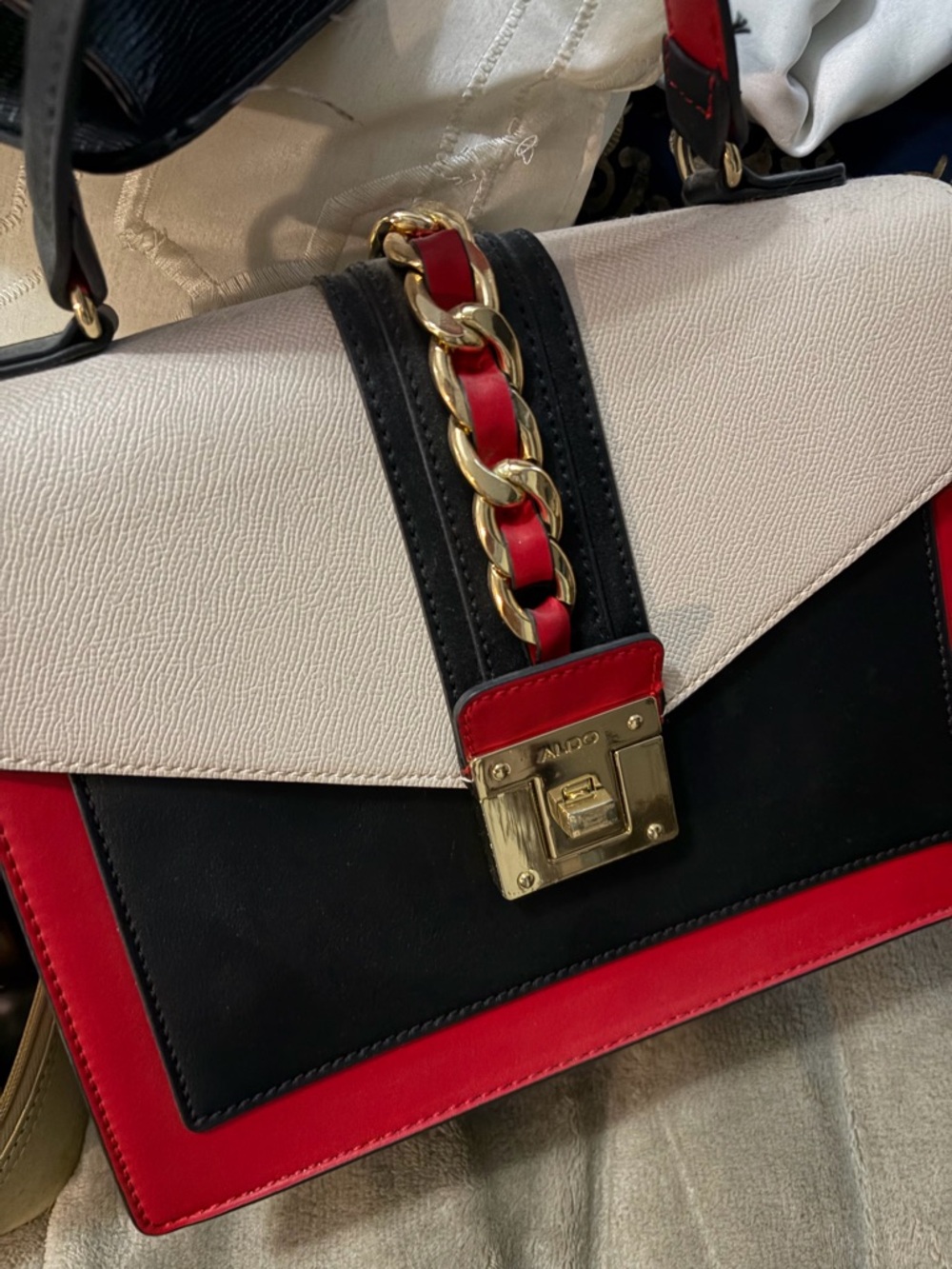 ALDO Red, Black & White Colorblock Top-Handle Satchel